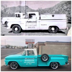 Two images of Hobica's Refrigeration pickup trucks: the top one is a vintage black-and-white photo, the bottom is a modern, restored turquoise truck with similar branding.