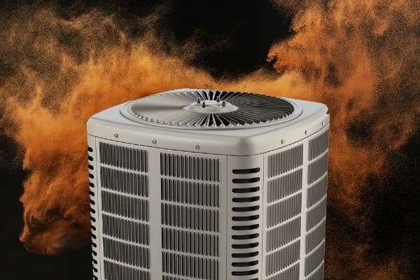 A metal air conditioning unit stands in front of a dark background with orange dust or smoke swirling around it.