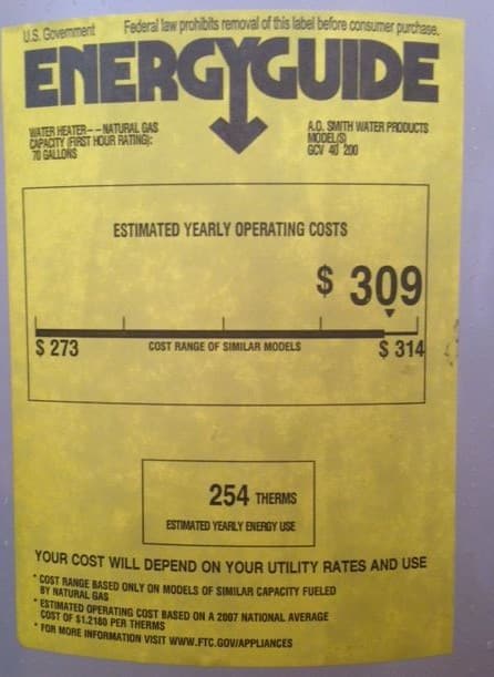 Yellow EnergyGuide label for a natural gas water heater shows estimated yearly operating cost of $309 and usage of 254 therms, with a cost range of $273 to $314 for similar models.
