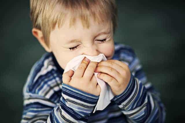 A young child in a striped shirt holds a tissue to their nose with their eyes closed, appearing to sneeze or blow their nose.
