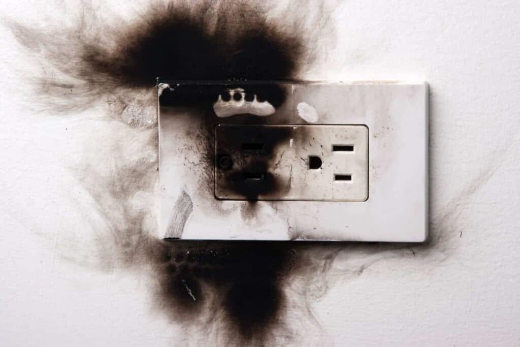Electrical outlet with heavy burn marks and soot stains on the wall, suggesting a recent electrical fire or short circuit.