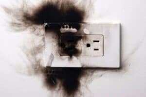 Electrical outlet with heavy burn marks and soot stains on the wall, suggesting a recent electrical fire or short circuit.