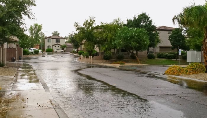 A residential street is wet from rain, with water pooling along the curb. Houses, trees, and cloudy skies are visible in the background.