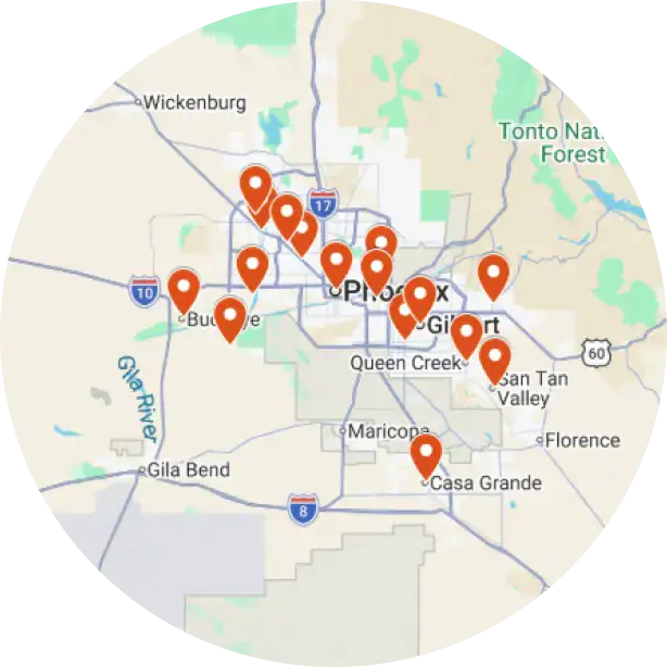 A map showing Phoenix and surrounding areas with multiple red location markers distributed across the region.