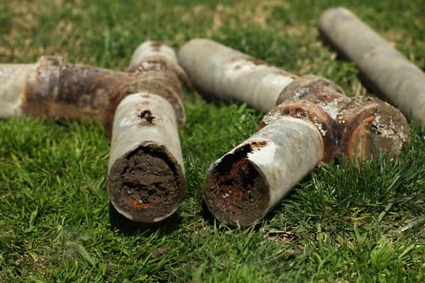 Four old, corroded metal pipes laying on grass, with visible rust and buildup inside the open pipe ends.