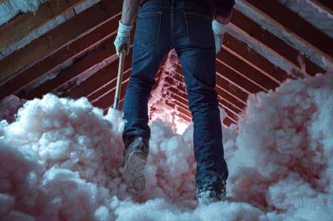 Person standing in an attic filled with pink insulation material, holding a tool and wearing gloves, with exposed wooden beams above.