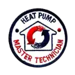 Circular patch with a house outline, red and blue arrows inside, and text reading "Heat Pump Master Technician" around the design.