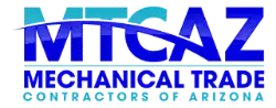 Logo for Mechanical Trade Contractors of Arizona, featuring the abbreviation "MTCAZ" in large blue letters with the full name written below in smaller blue text.